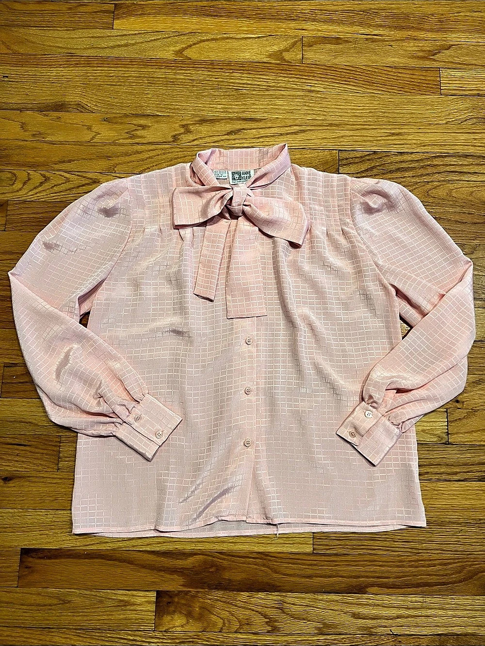 Vintage Anne Klein Pink Satin Windowpane Pattern Blouse with Neck Tie